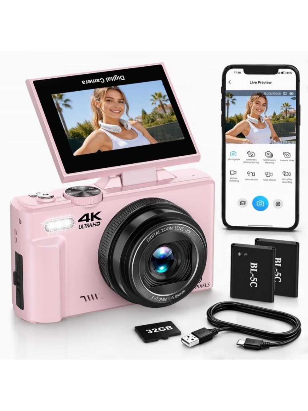 64MP 4K Digital Camera for Photography & Vlogging, 180° Flip Screen, Compact